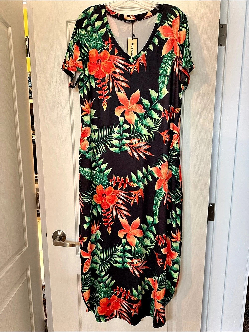 Huskary Women's Summer Maxi Dress Short Sleeve Tropical Floral in Black & Orange